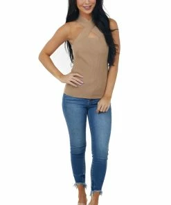Vine & Love Latte Ribbed Knit Criss Cross Halter Tank Top Tops