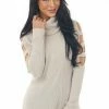 Lovely Melody Tops Latte Ribbed Knit Long Ladder Sleeve Cowl Neck Top