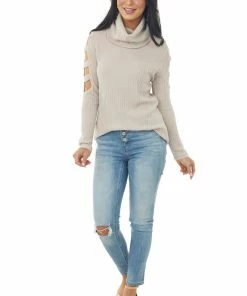 Lovely Melody Tops Latte Ribbed Knit Long Ladder Sleeve Cowl Neck Top