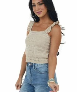 143 Story Latte Ruffle Strap Sweater Knit Crop Top Tops