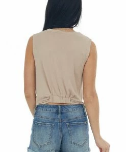 Lush Clothing Latte Sleeveless Cropped Knit Top With Front Tie Detail