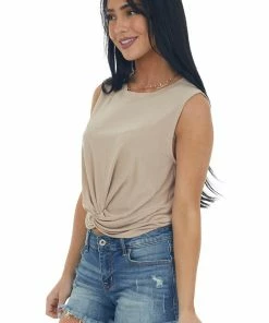 Lush Clothing Latte Sleeveless Cropped Knit Top With Front Tie Detail