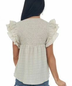 Glam Latte Smocked Yoke Notch Neck Textured Blouse Tops