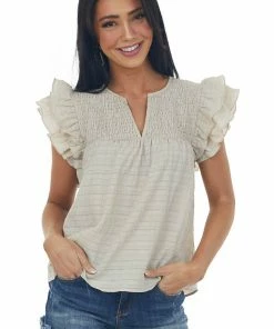 Glam Latte Smocked Yoke Notch Neck Textured Blouse Tops