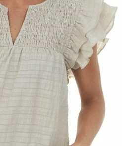 Glam Latte Smocked Yoke Notch Neck Textured Blouse Tops