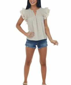 Glam Latte Smocked Yoke Notch Neck Textured Blouse Tops