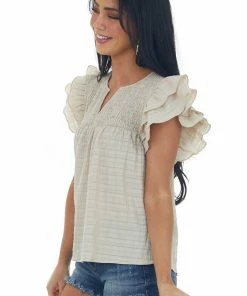 Glam Latte Smocked Yoke Notch Neck Textured Blouse Tops