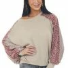 Haptics Tops Latte Top With Leopard Print Bat Wing Sleeves