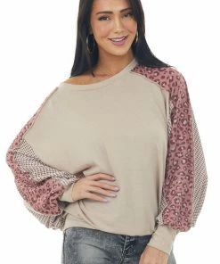 Haptics Tops Latte Top With Leopard Print Bat Wing Sleeves