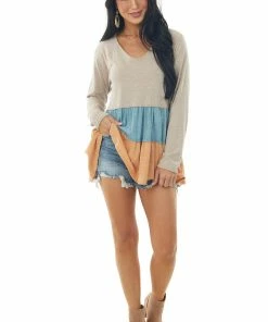 143 Story Latte And Pumpkin Colorblock Drop Waist Top Tops