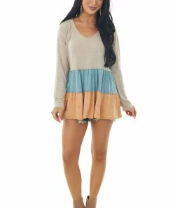 143 Story Latte And Pumpkin Colorblock Drop Waist Top Tops