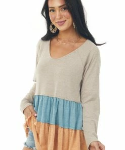 143 Story Latte And Pumpkin Colorblock Drop Waist Top Tops