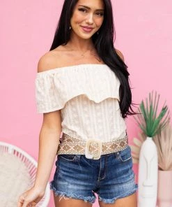 Umgee Tops Latte Embroidered Off Shoulder Blouse