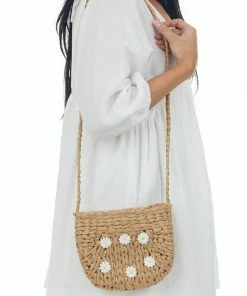 Ellison + Young Latte Straw Crossbody Bag With Floral Details