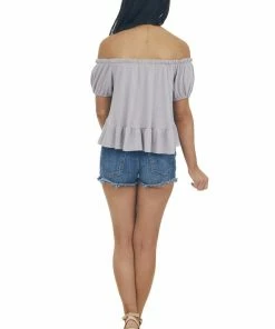 Ces Femme Lavender Boat Neckline Ribbed Knit Crop Top With Ruffles Tops