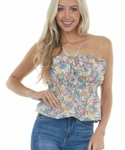 Entro Lavender Floral Print Ruffled Strapless Top Tops
