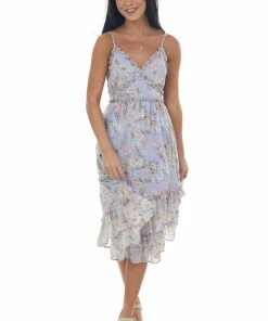 Lime Lush Dresses Lavender Floral Sleeveless Frill Midi Dress