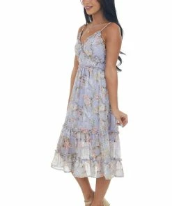 Lime Lush Dresses Lavender Floral Sleeveless Frill Midi Dress