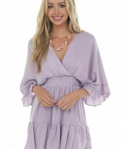 Glam Lavender Kimono Sleeve Ruffle Silky Mini Dress Dresses