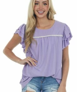 HEIMISH Tops Lavender Lace Trim Yoke Ruffle Ribbed Knit Top 12 HEIMISH Tops Lavender Lace Trim Yoke Ruffle Ribbed Knit Top