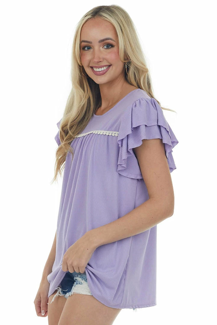 HEIMISH Tops Lavender Lace Trim Yoke Ruffle Ribbed Knit Top 8 HEIMISH Tops Lavender Lace Trim Yoke Ruffle Ribbed Knit Top