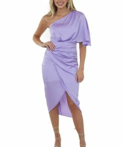 Do + Be Dresses Lavender One Shoulder Faux Wrap Midi Dress 14 Do + Be Dresses Lavender One Shoulder Faux Wrap Midi Dress