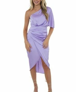 Do + Be Dresses Lavender One Shoulder Faux Wrap Midi Dress 13 Do + Be Dresses Lavender One Shoulder Faux Wrap Midi Dress