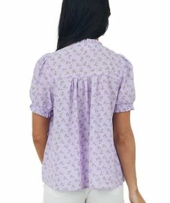 Umgee Tops Lavender Printed Button Up Short Sleeve Blouse