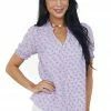 Umgee Tops Lavender Printed Button Up Short Sleeve Blouse