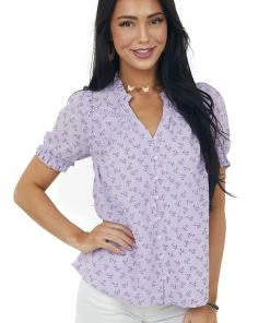 Umgee Tops Lavender Printed Button Up Short Sleeve Blouse