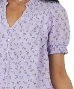 Umgee Tops Lavender Printed Button Up Short Sleeve Blouse