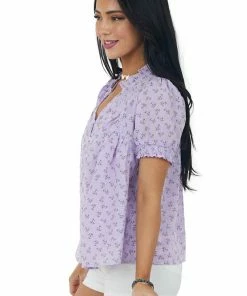 Umgee Tops Lavender Printed Button Up Short Sleeve Blouse