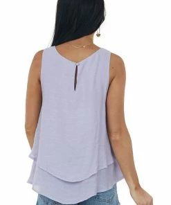 Umgee Lavender Round Neck Woven Tank Top With Tier Detail Tops
