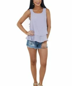 Umgee Lavender Round Neck Woven Tank Top With Tier Detail Tops