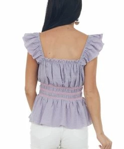 Lime Lush Lavender Ruffle Strap Contrast Thread Peplum Top Tops