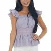 Lime Lush Lavender Ruffle Strap Contrast Thread Peplum Top Tops