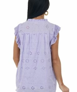 Hailey & Co Tops Lavender Short Sleeve Eyelet Tassel Detail Top