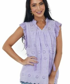 Hailey & Co Tops Lavender Short Sleeve Eyelet Tassel Detail Top