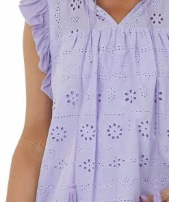 Hailey & Co Tops Lavender Short Sleeve Eyelet Tassel Detail Top