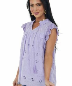 Hailey & Co Tops Lavender Short Sleeve Eyelet Tassel Detail Top