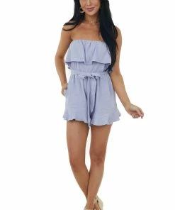 Allie Rose Lavender Strapless Ruffle Romper With Belt Tie