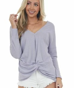 143 Story Tops Lavender Surplice Front Knot Waffle Knit Top