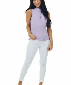 Vine & Love Lavender Surplice Ribbed Knit High Neck Tank Top