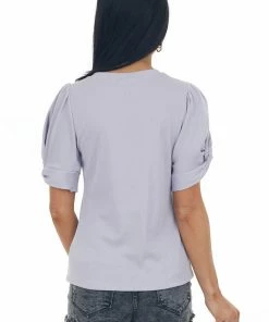 Ces Femme Lavender Twist Puff Sleeve Ribbed Knit Top
