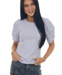 Ces Femme Lavender Twist Puff Sleeve Ribbed Knit Top