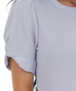 Ces Femme Lavender Twist Puff Sleeve Ribbed Knit Top