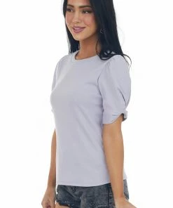 Ces Femme Lavender Twist Puff Sleeve Ribbed Knit Top