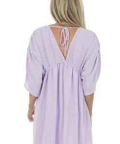 143 Story Dresses Lavender V Neck Cinch Waist Wide Sleeve Dress