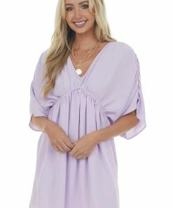 143 Story Dresses Lavender V Neck Cinch Waist Wide Sleeve Dress