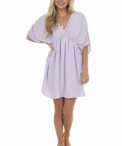 143 Story Dresses Lavender V Neck Cinch Waist Wide Sleeve Dress